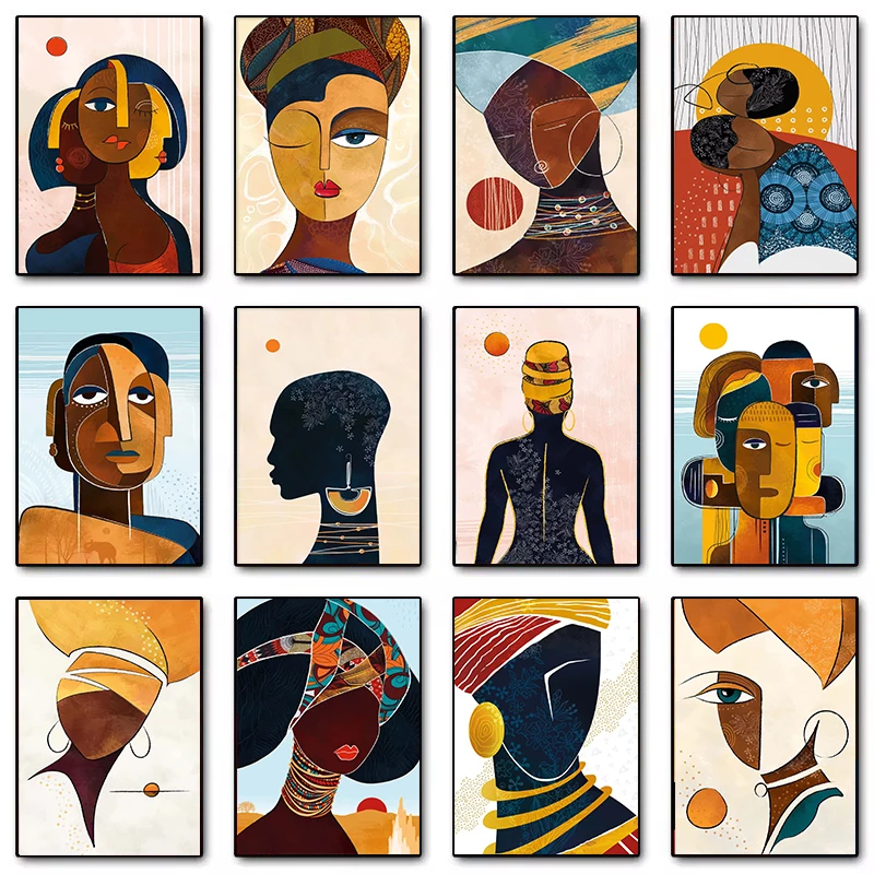(2D canvas painting) Abstract Black Woman Portrait Poster Print Canvas Painting African Black Girl Faces Wall Art Picture for