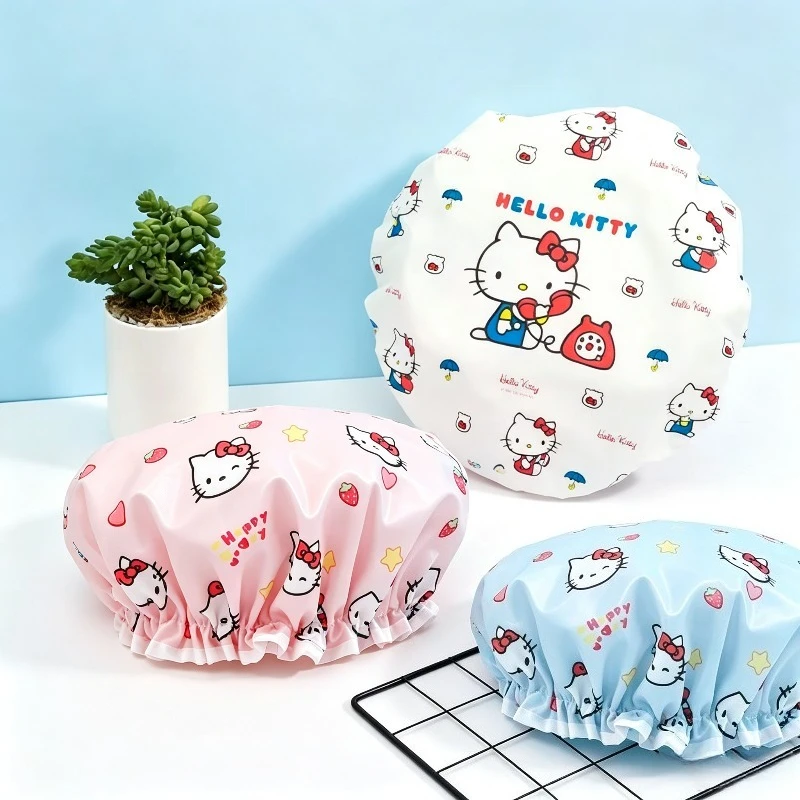 Bonnet de douche imperméable à double couche imprimé Hello Kitty, bonnet de douche réutilisable à motif de dessin animé mignon, pour femmes, pour le voyage, l'usage quotidien, cadeau