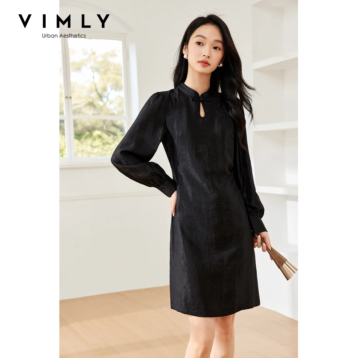 

VIMLY Women's Chinese Style Cheongsam Dresses Autumn 2026 Black Slim Jacquard Dress Lantern Sleeve Stand Neck A-line Dress M9031