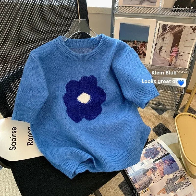

Blue Flower Bubble Sleeve Short Sleeve Knitted Top Women's Fashion Spring New Style Small Size Youthful Looking Upper Body