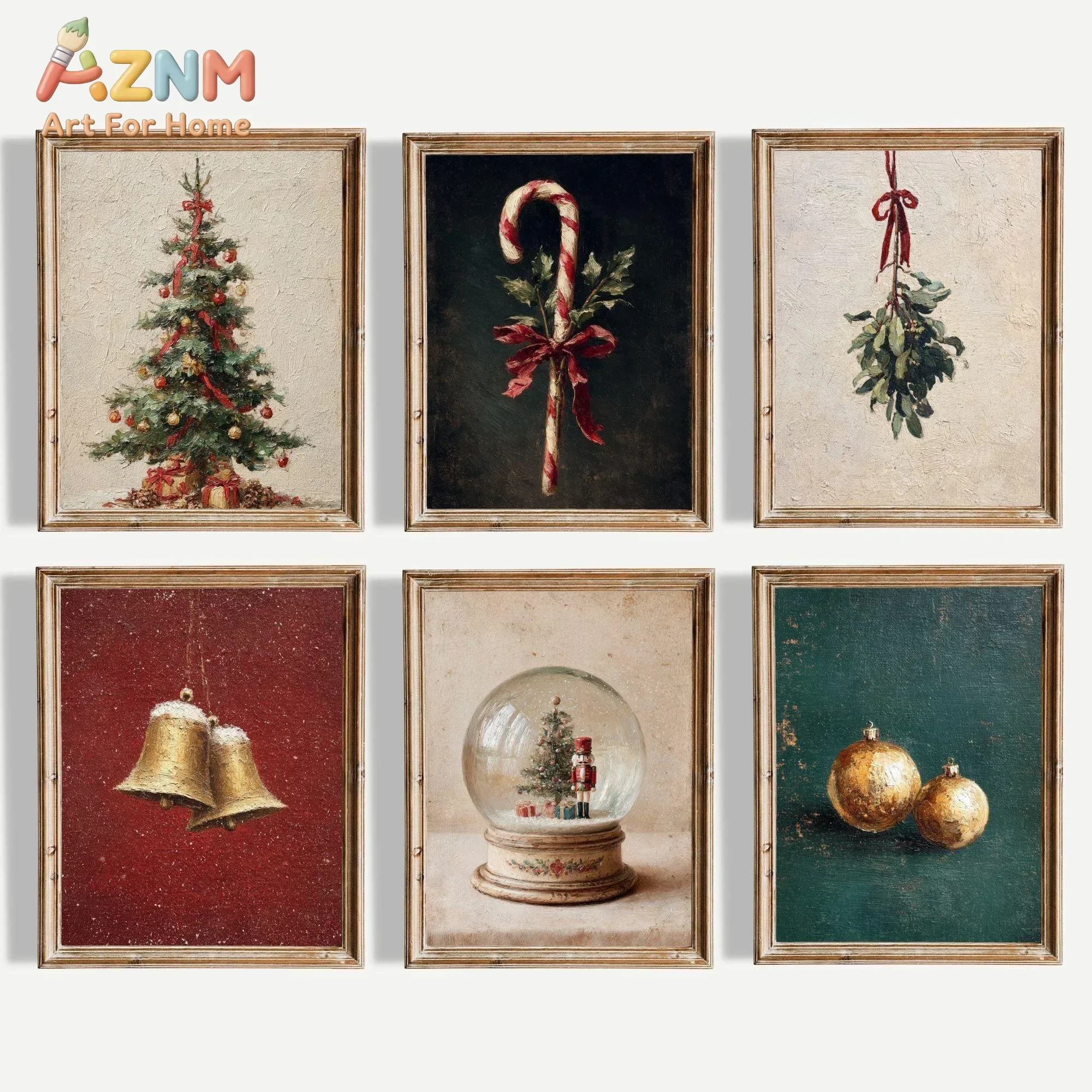AZNM Vintage Christmas Canvas Wall Art Set Xmas Tree Candy Cane Golden Bells Snow Globe Bauble Oil Painting Print Poster Rustic