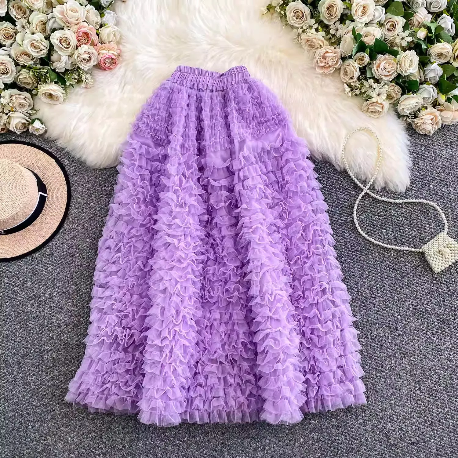 

2026 Elegant Long Mesh Skirt Women Fashion Elastic High Waist A Line Max Ruffle Pleated Long Autumn Black Cake Skirt Jupe Longue