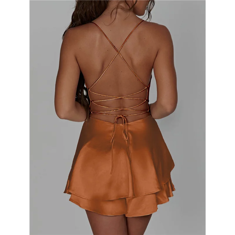 

ABRT-Women's Elegant Satin A-Line Summer Sleevesless Bandage Back Spaghetti Strape Tiered Jumpsuits