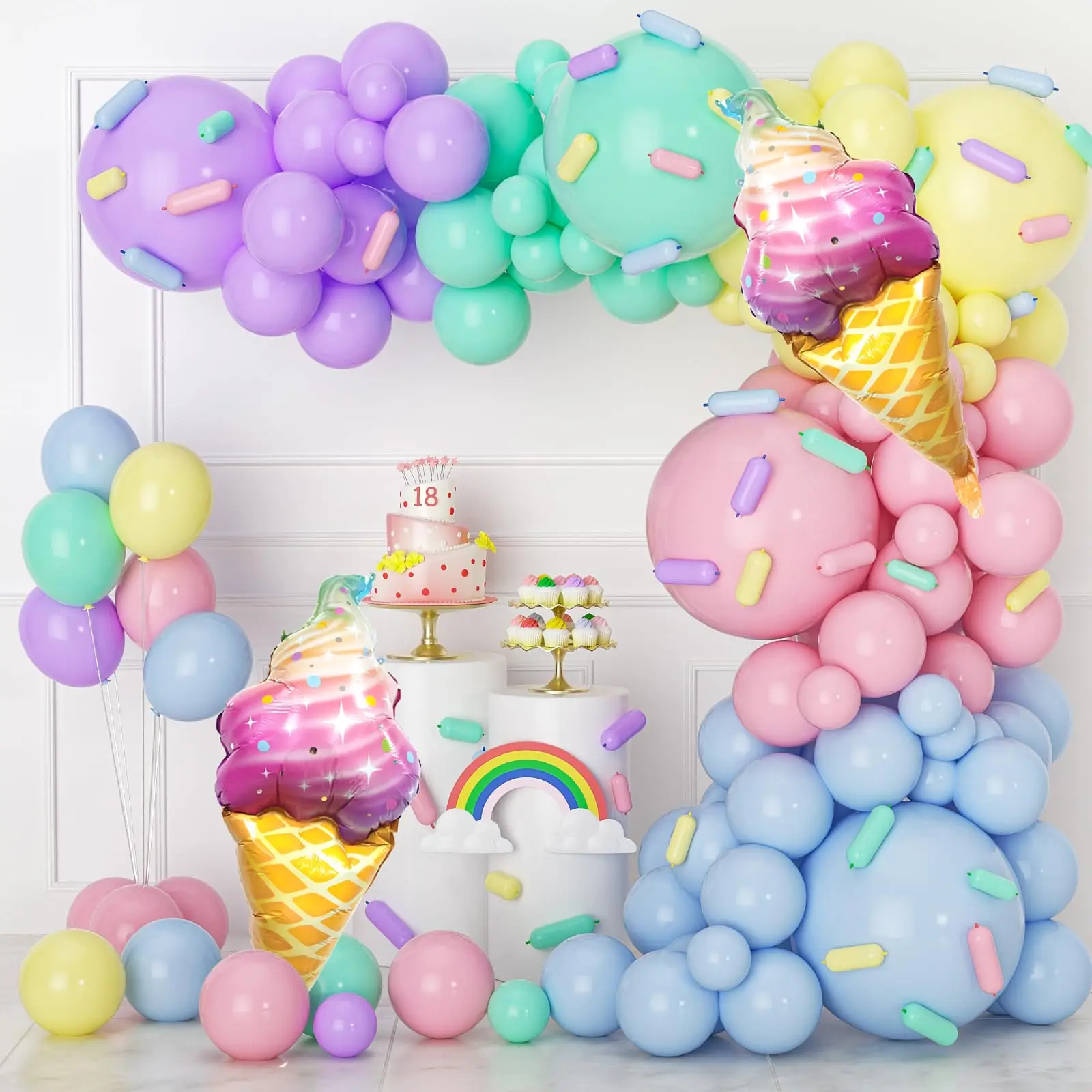 142pcs Pastel Balloons Garland Arch Kit Macaron Rainbow Ice Cream Foil Balloon for Baby Shower Girls Birthday Theme Party Decor