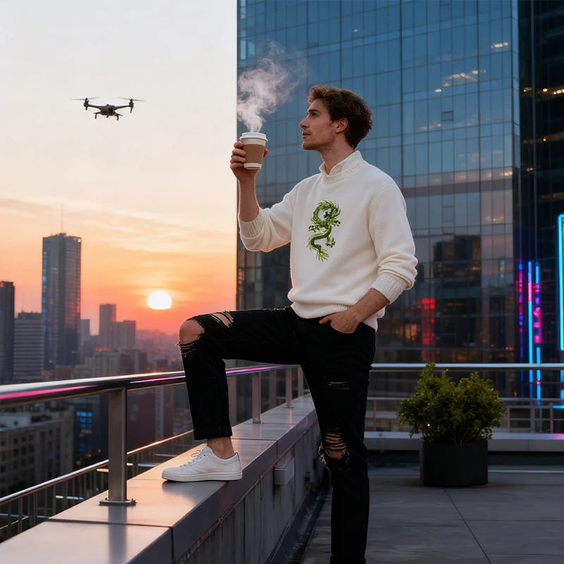 

Men Winter Warm Knit Pullover Chinese Loong Pattern Printing Hip Hop Streetwear Harajuku American Vintage Pattern White Sweater