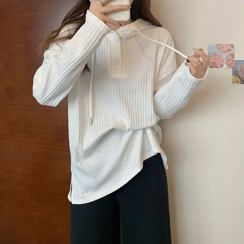 T-shirts Women New Pure High Street Femme All-match Fashion Spring Loose Harajuku Popular Long Sleeve Hooded Casual Draw String