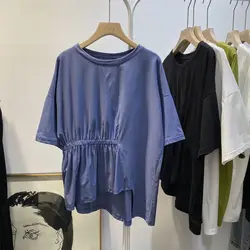 Pleated Asymmetrical Loose Tops Tees Summer New Short Sleeve Solid Color Trend Casual T Shirts Vintage Fashion Women Clothing