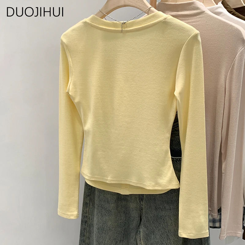 DUOJIHUI Yellow Classic O-neck Simple Casual Women T-shirts Autumn Chic Button Pure Color Basic Long Sleeve S-XL Female T-shirts