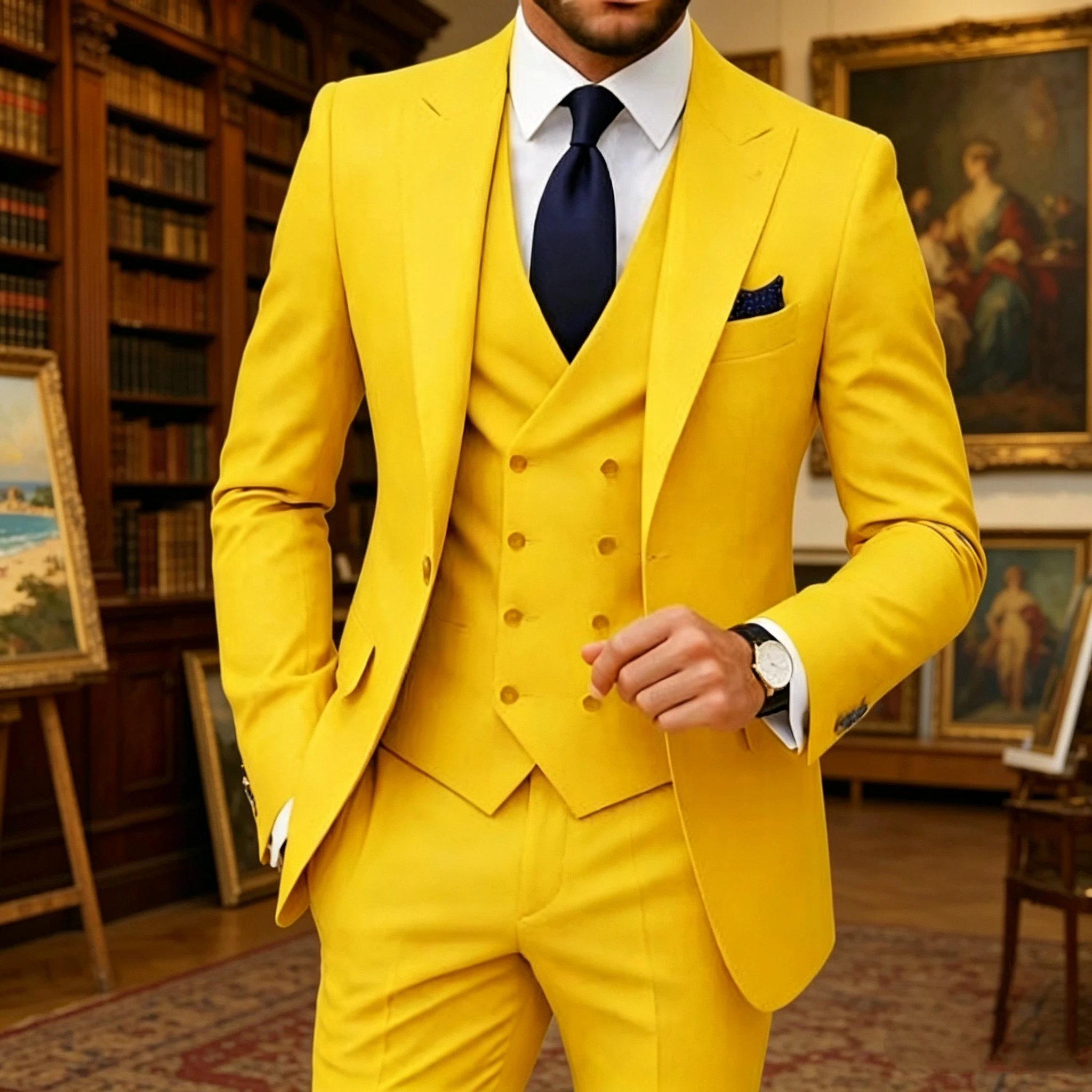 Yellow Men's Suits 3 PCS Peaked Lapel One Single Button Italian Wedding Man Suit Groom Tuxedo Prom Slim Fit Blazer Vest Pants view 3