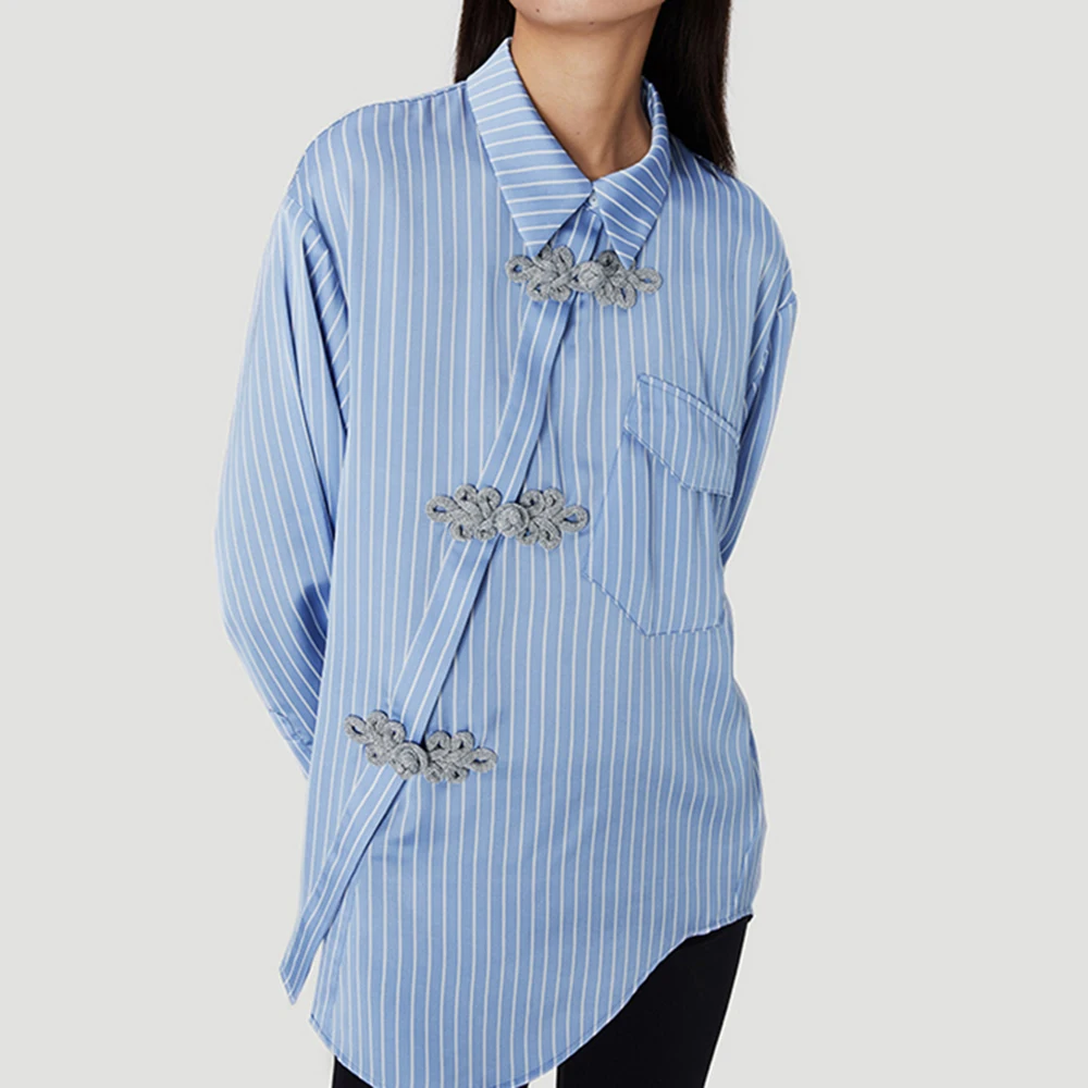 

TWOTWINSTYLE Hit Color Spliced Diamonds Loose Blouse for Women Lapel Long Sleeve Pstchwork Pockets Female New