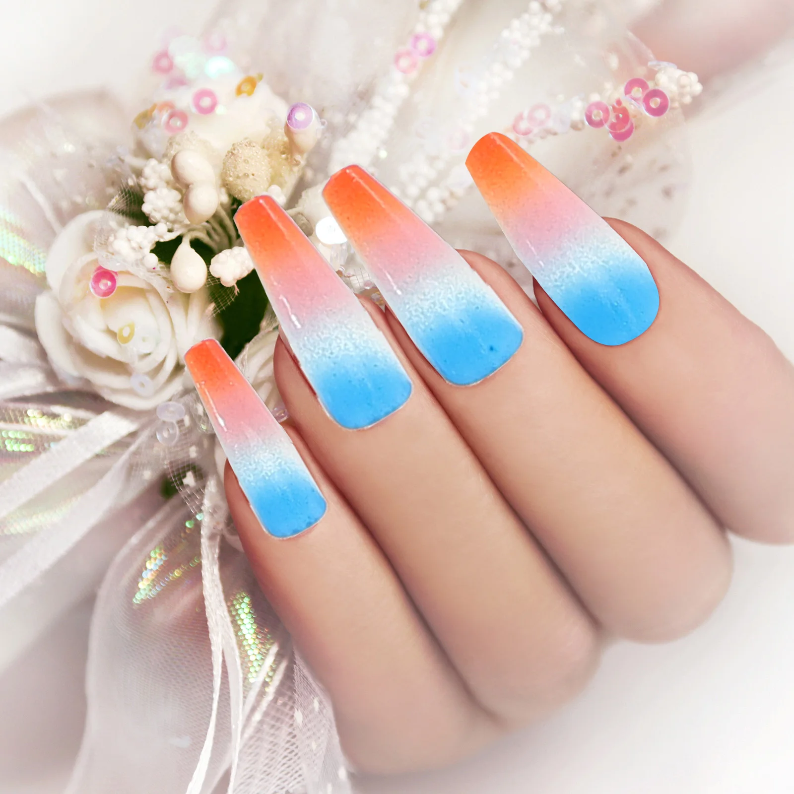 

144Pcs Rainbow Gradient Press on Nails Super Long Coffin False Nails DIY Artificial Nail Tips Stylish False Nail Art for Girls