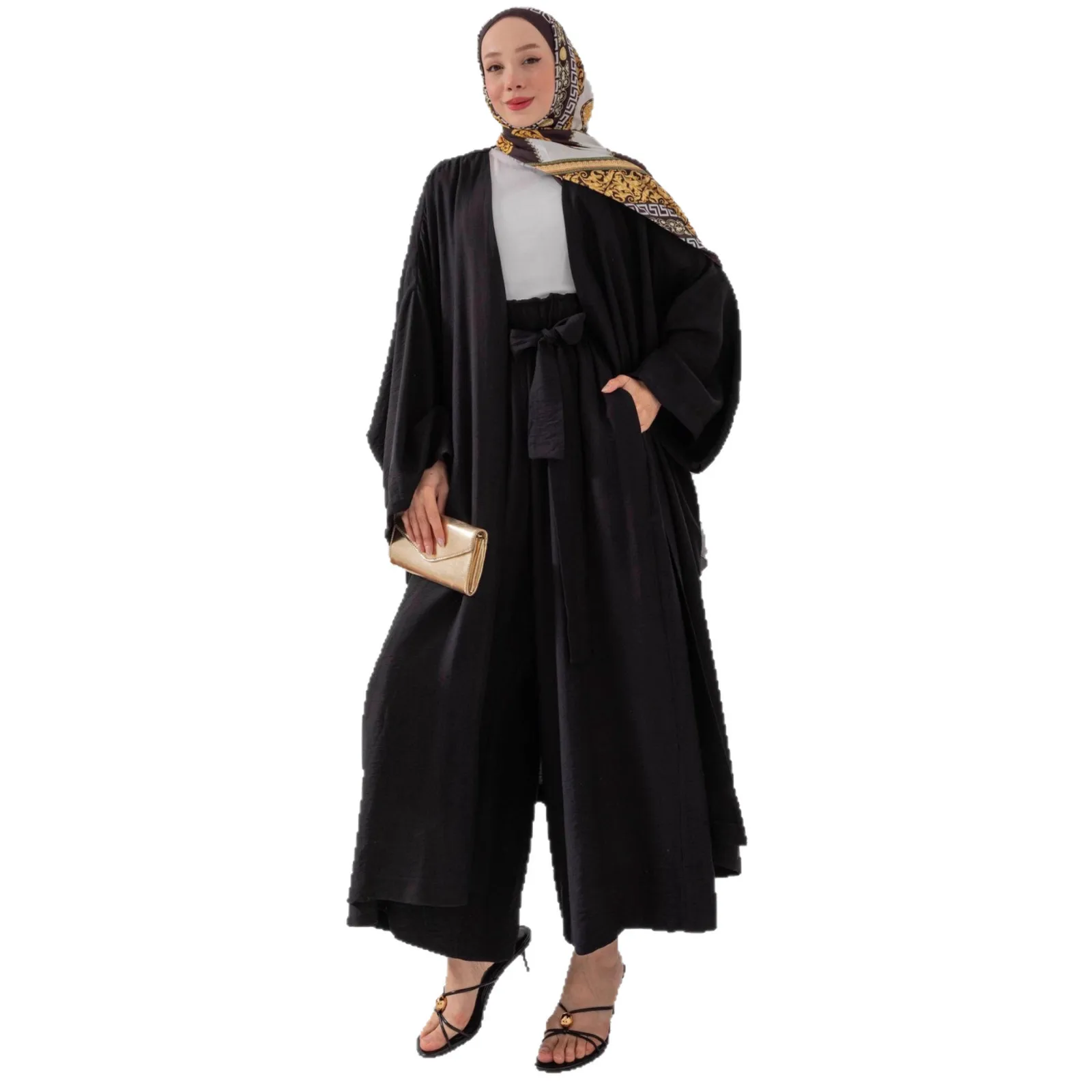 Abito Eid Cardigan Pantaloni a gamba larga Donna Set da 2 pezzi Pantaloni lunghi musulmani Dubai Ensemble Abiti modesti Marocco Ramadan