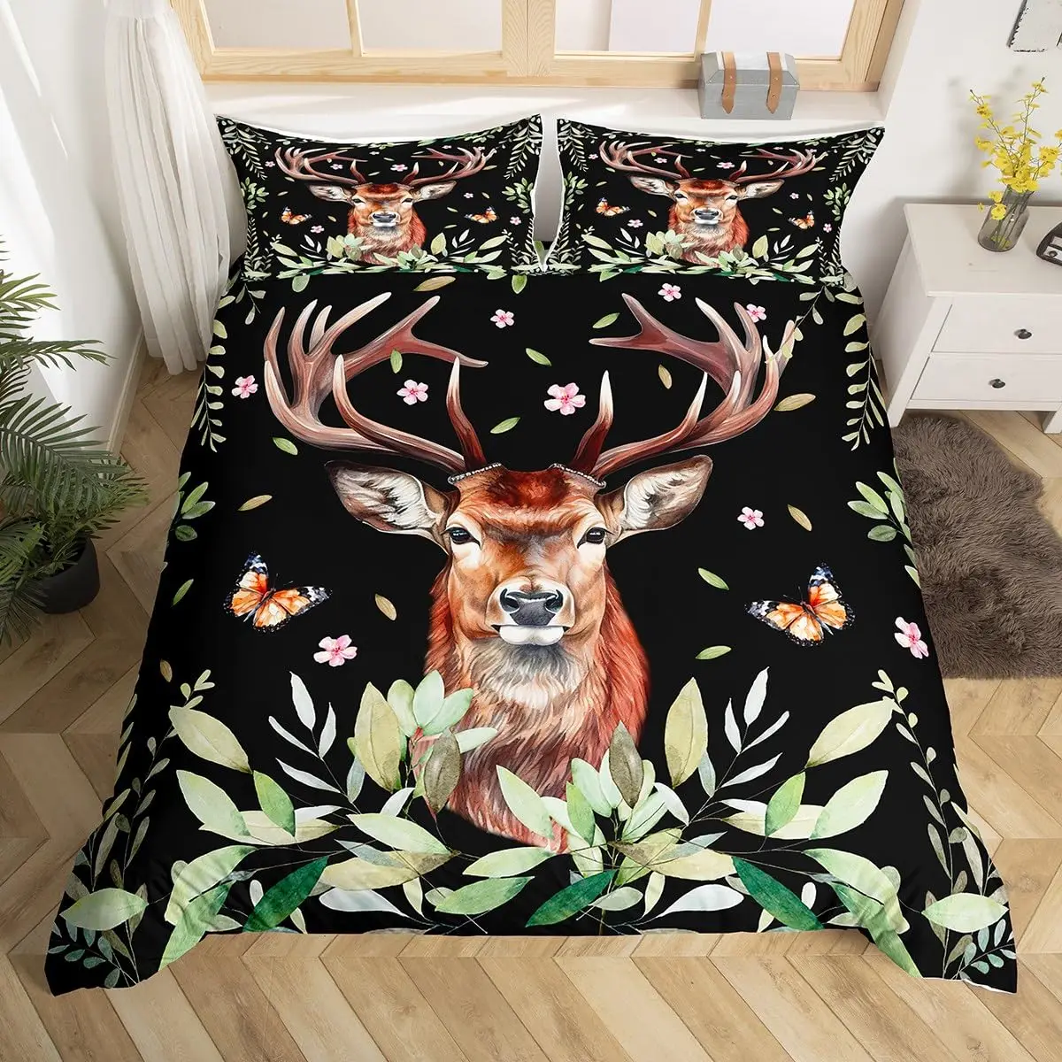 Cute Deer Duvet Cover King Wild Reindeer Bedding Set Cartoon Animals Comforter Cover Mushroom Plant Quilt Cover Zipper Closure