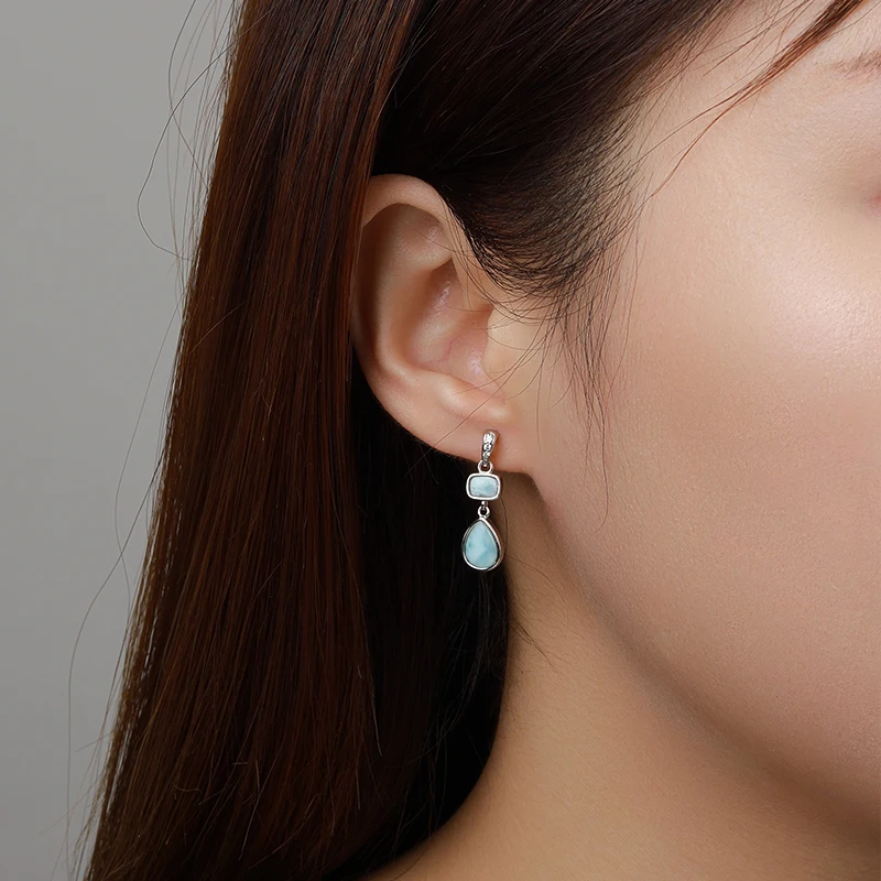 Immagine 3: Nuova geometria di moda aerodinamica lunga gioielli in argento sterling 925 ragazza naturale preziosa orecchini Larimar da donna