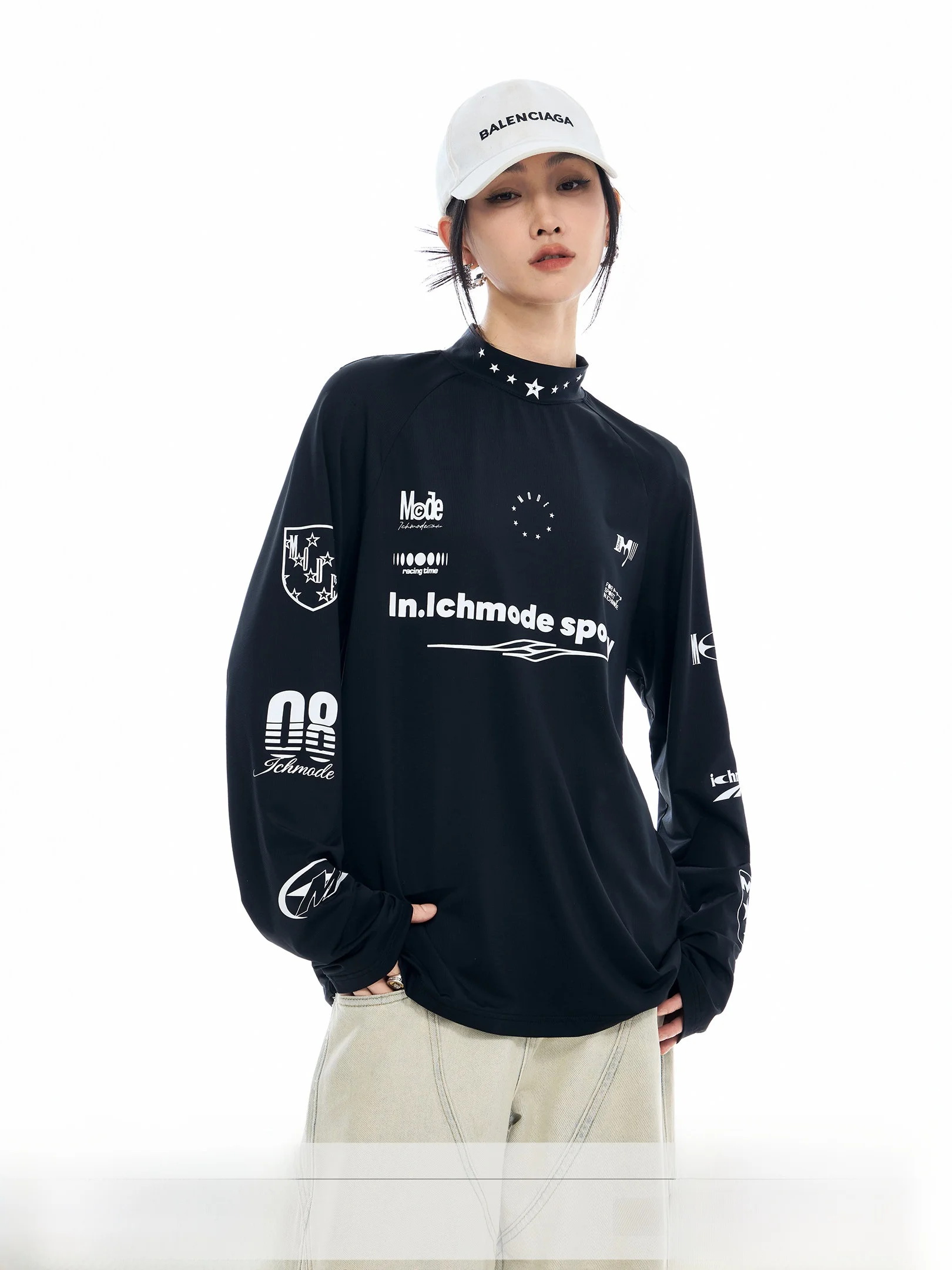 

Ich Mode Racing Car Print Physical Sun Protection Long Sleeve T-Shirt Women's Summer New American Street Style Top