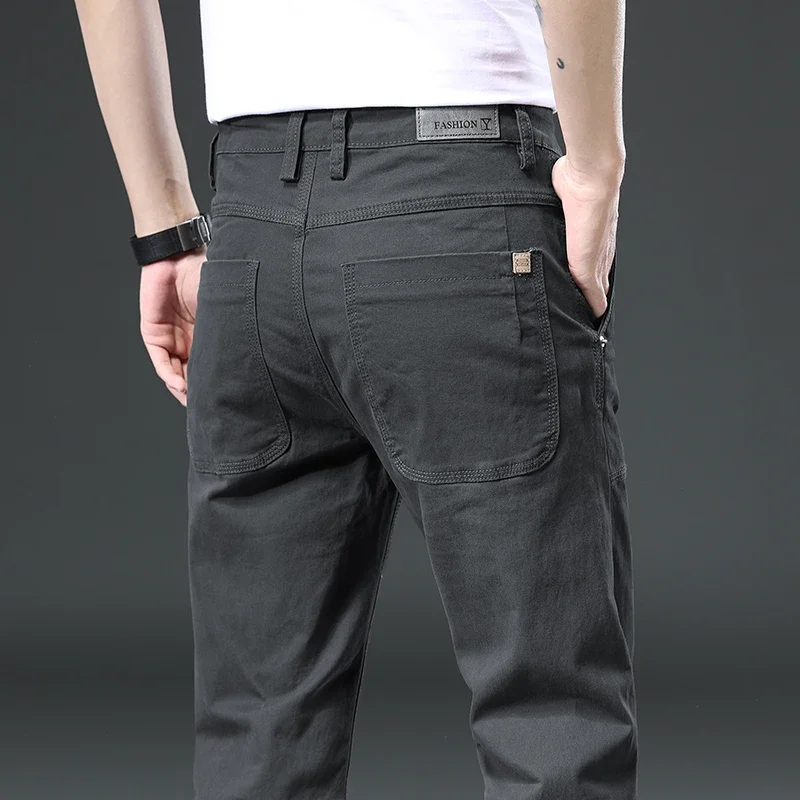 97%Cotton Spring Autumn Men\'s Cargo Pants Slim Korean Casual Straight Trousers Male Solid Color Gray Khaki Brand Clothing