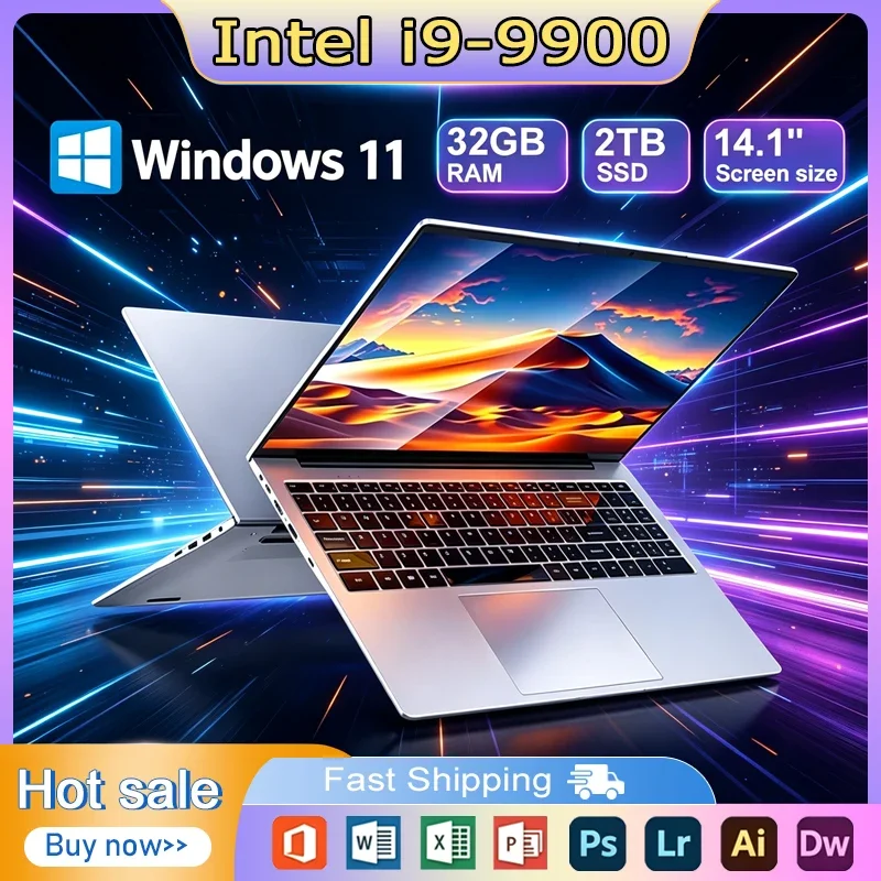 14.1 Inch Gaming Laptop Computer i9-9900 16GB RAM 1TB 2TB SSD PC Gamer Windows 11 Pro Laptops 1920*1080P Office Study PC