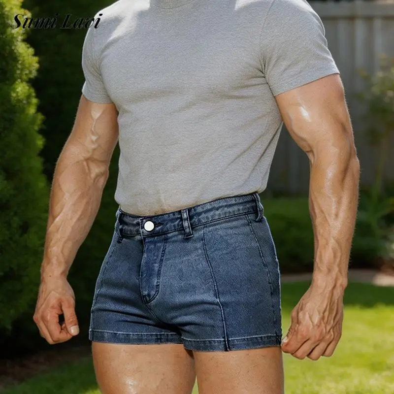 Fashionable Mens Stretchy Denim Shorts 2026 Spring Summer New Casual Solid Color Jean Shorts For Men Vintage Mid Waist Shorts