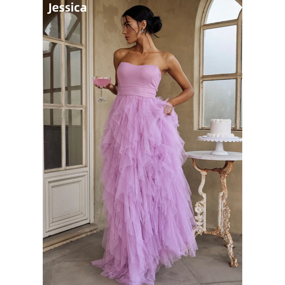 Jessica Pink Prom Dresses Sweetheart Tulle Multi-layer Wedding Dress Sexy Strapless Formal Robes De Soirée Customized 2025