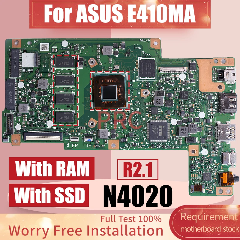 For ASUS E410MA Laptop Motherboard R2.1 SRET0 N4020 With RAM Notebook Mainboard