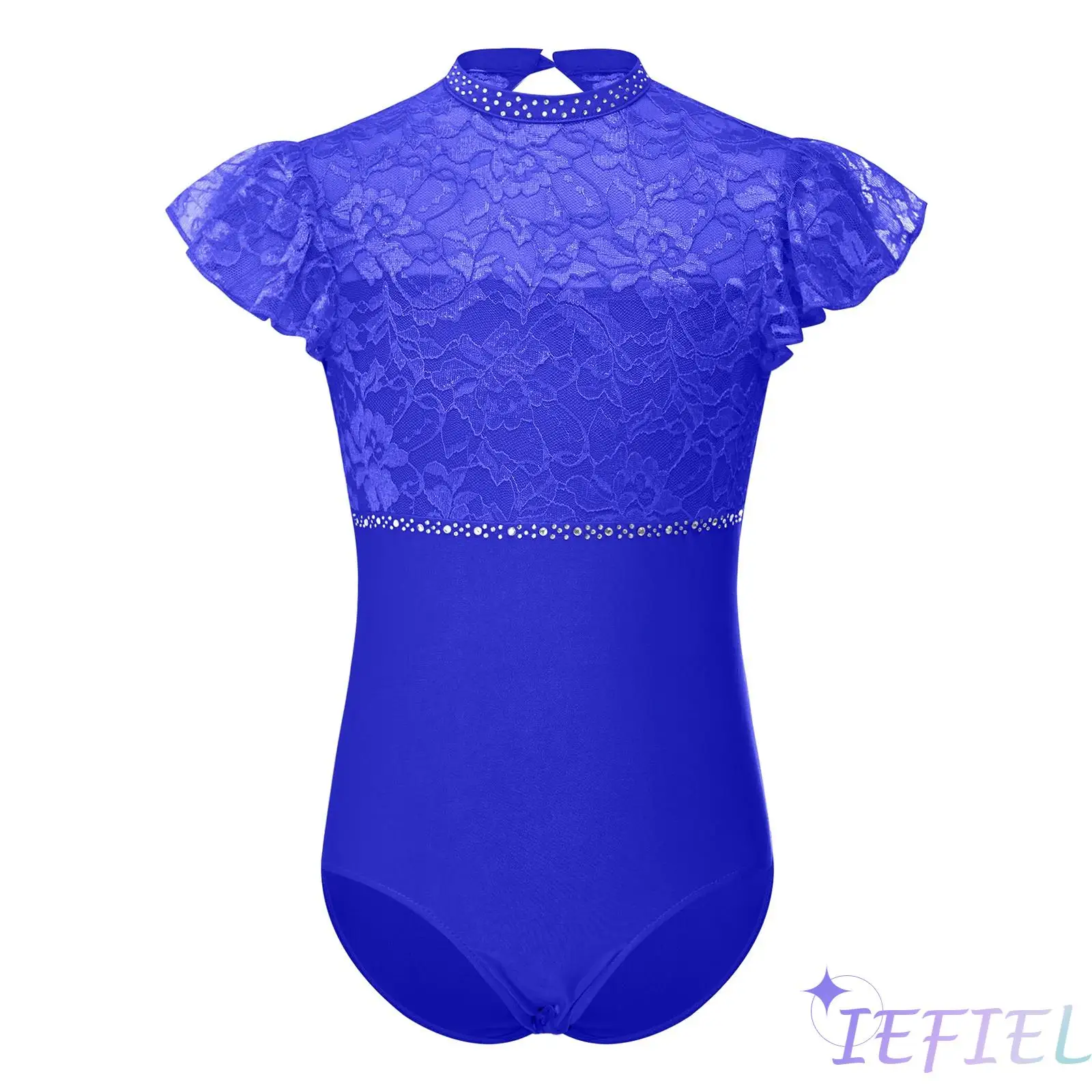 

Kids Girls Ballet Latin Dance Leotard Lace Patchwork Ruffled Sleeve Cutout Back Press Button Crotch Shiny Rhinestones Bodysuit