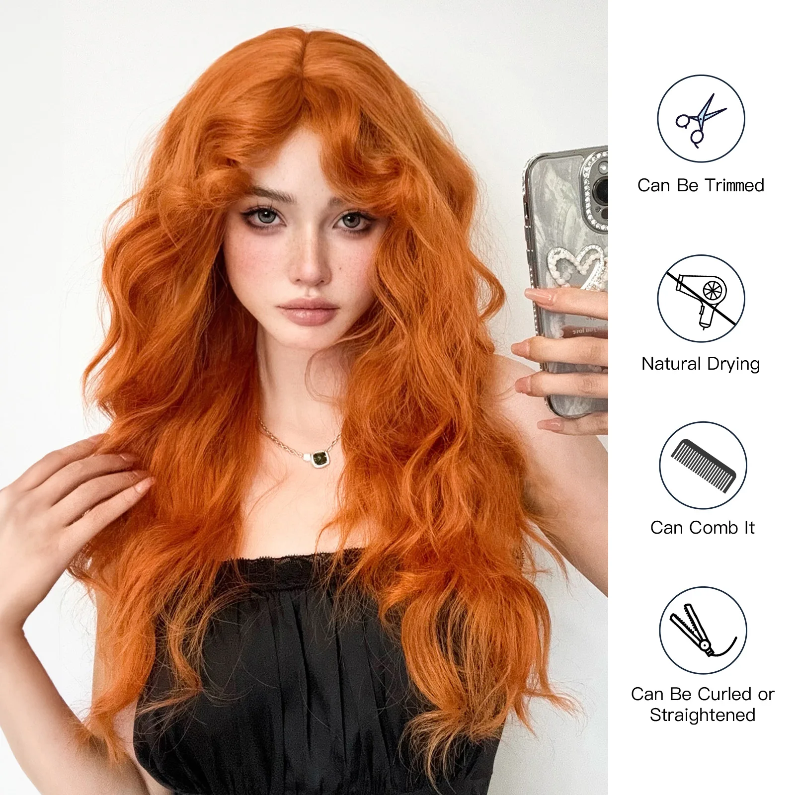 Orange Ginger Synthetic Wig Long Curly Wavy Wigs for Women with Bangs Halloween Cosplay Party Daily Natural Heat Resistant Wig