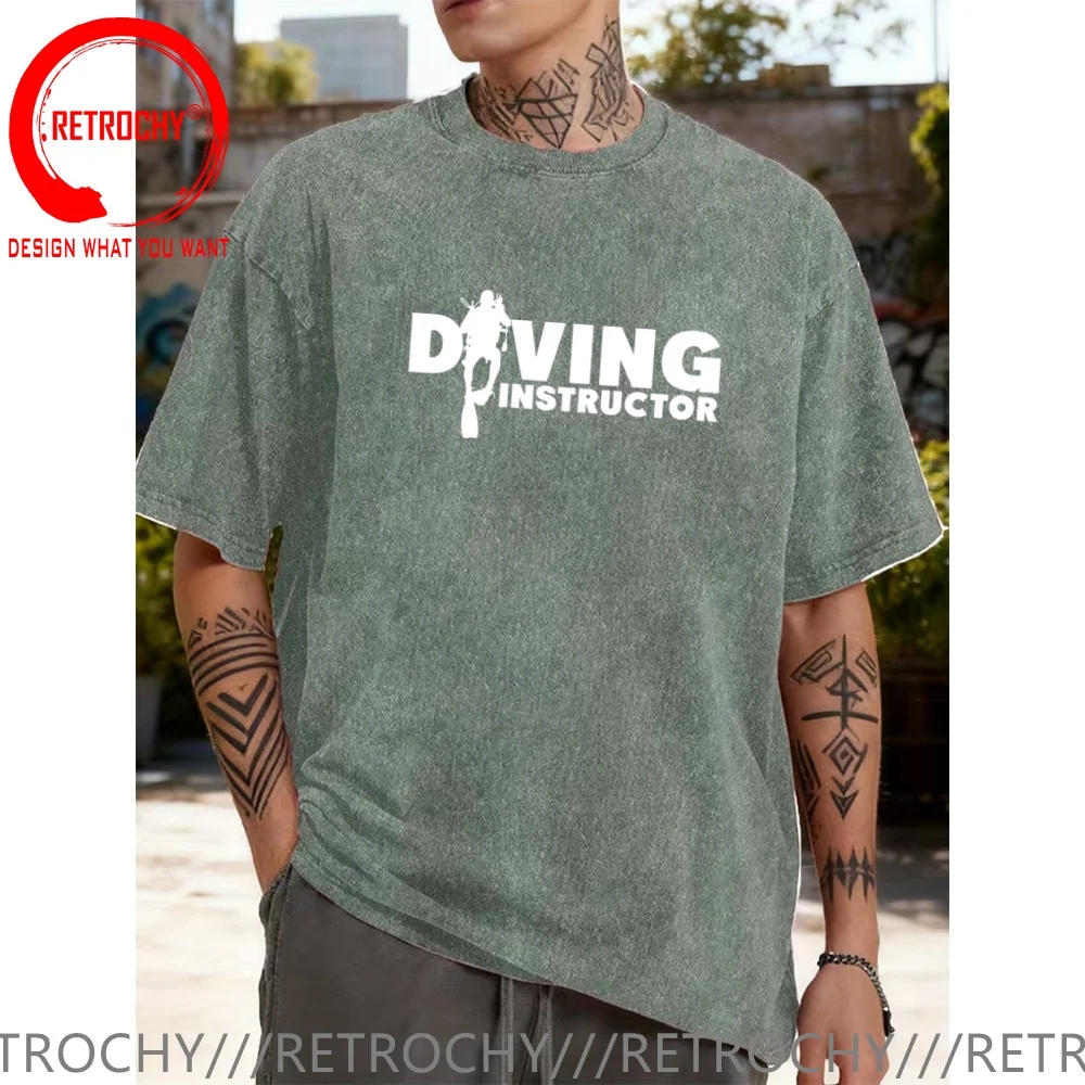Vintage Washed Cotton T-Shirt Funny Designer Scuba Diver Diving Instructor  T Shirt Men Fashion Trendy Casual Clothing Stylish