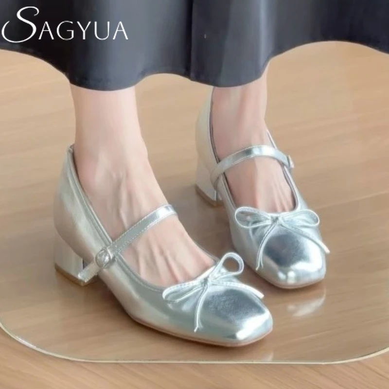 

Bow Women Heeled Shoes Square Toe Chunky Summer Sandals Fashion Marie Janes Shoes 2025 New Elegant Woman Party pumps Zapatillas