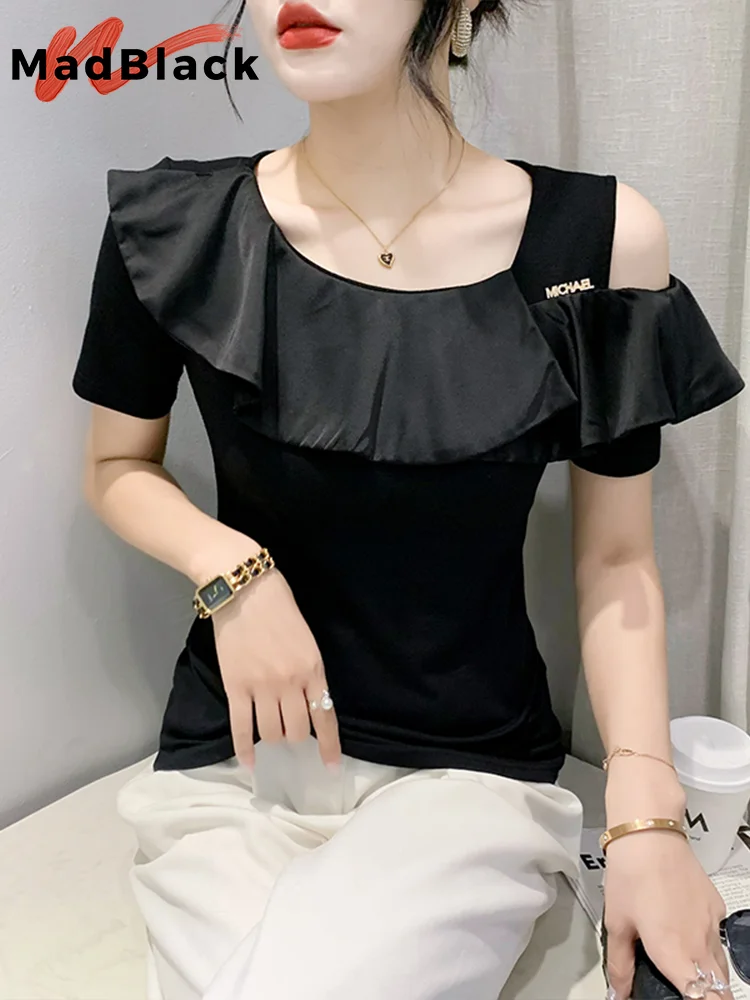 MadBlack Summer European Clothes O Necks T-Shirt Women Sexy Ruffles Slim Tops Short Sleeves Tight Tees Vintage 2023 New T34865M