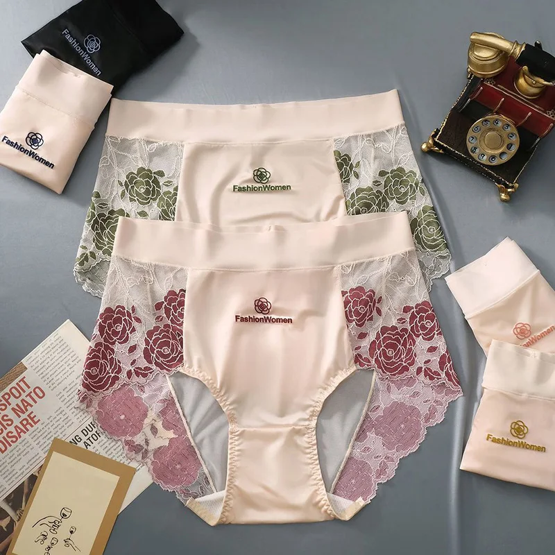 

Женские атласные трусики Pantiees со средней талией, прозрачные кружевные трусики с камелией, нижнее белье, женские однотонные дышащие трусы, нижнее белье