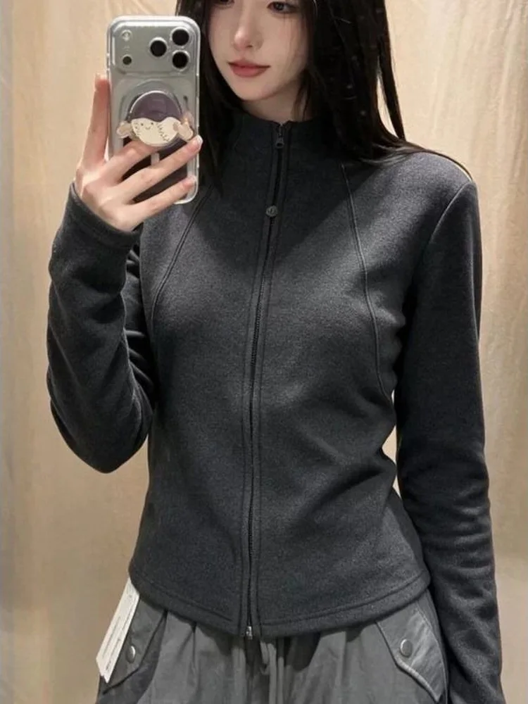 Women's Thickened Stand Collar Sweatshirt Zipper Jacket Korean Style Pure Color Long Sleeve Antibacterial Inner Wear Base Shirt