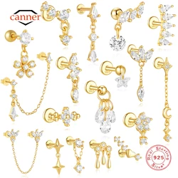 CANNER 1 STÜCK Vierzackiger Stern Mond Quaste Lotus Knorpel Spirale Punktion 925 Sterling Silber Ohrstecker Für Frauen Ins Ohrring