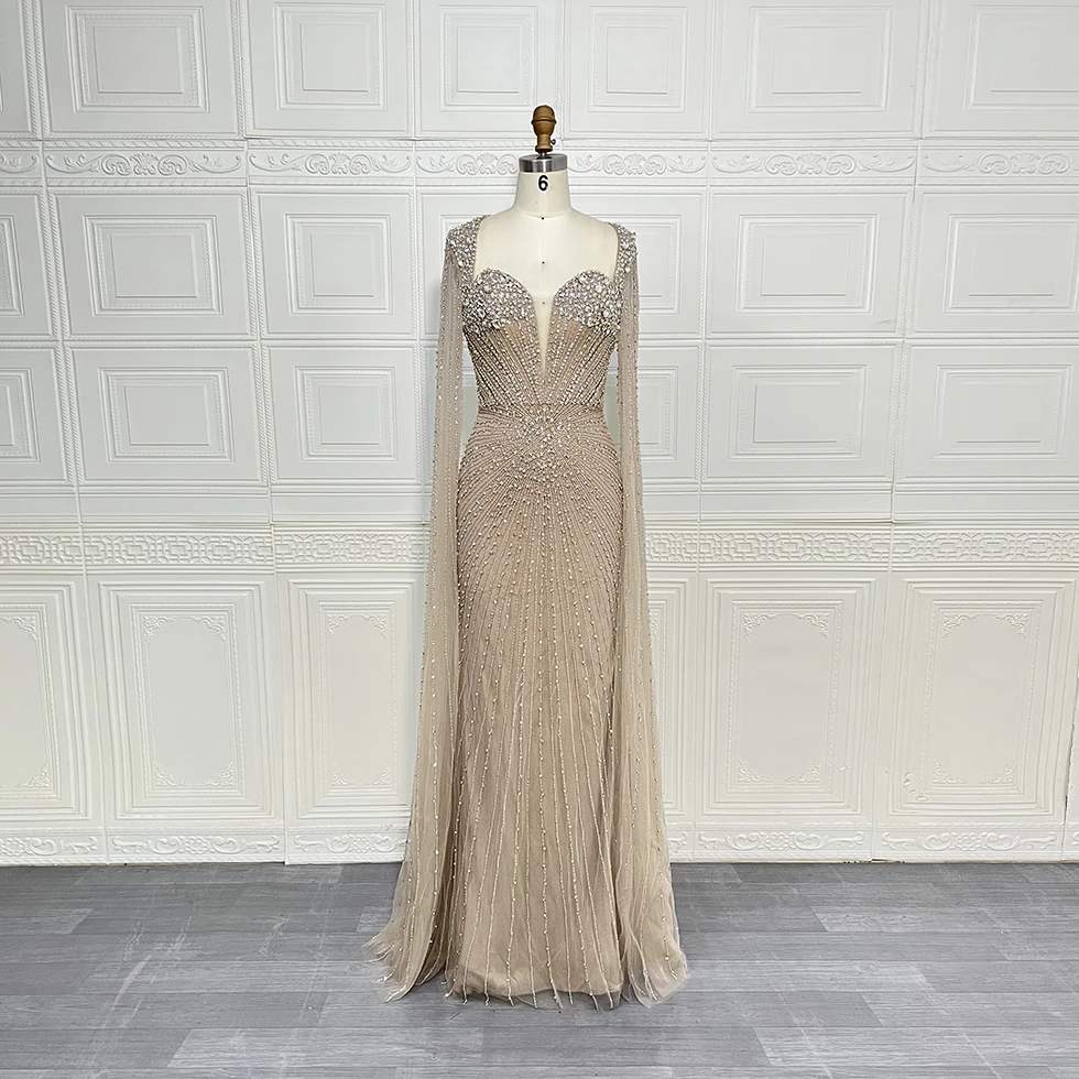 فستان سهرة فاخر مطرز بحورية البحر عاري دبي بأكمام كيب أنيق للنساء فساتين حفلات الزفاف العربية الوردية حسب الطلب