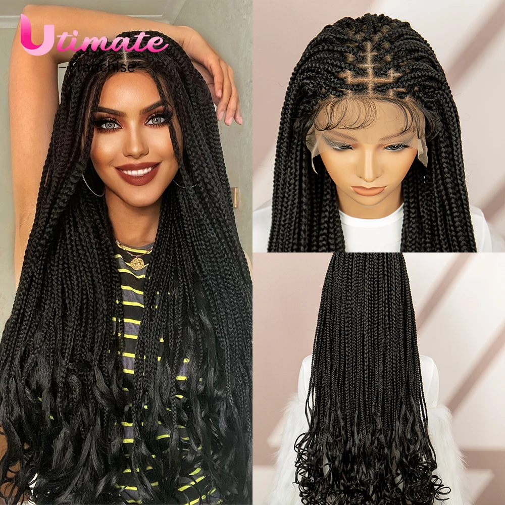 Pelucas trenzadas sintéticas con frente de encaje sin nudos para mujeres negras, Micro trenzas, pelucas rizadas de extremo, caja trenzada con cabello de bebé