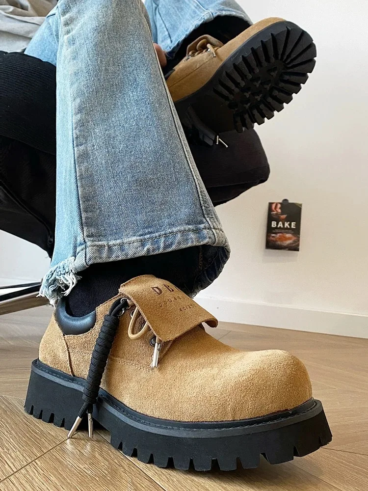 Unzizhi Unisex  Shoes Thick Bottomed Flip Cover Tongue Design Retro Large Head Sheepskin Fashionable Casual Leather Shoes