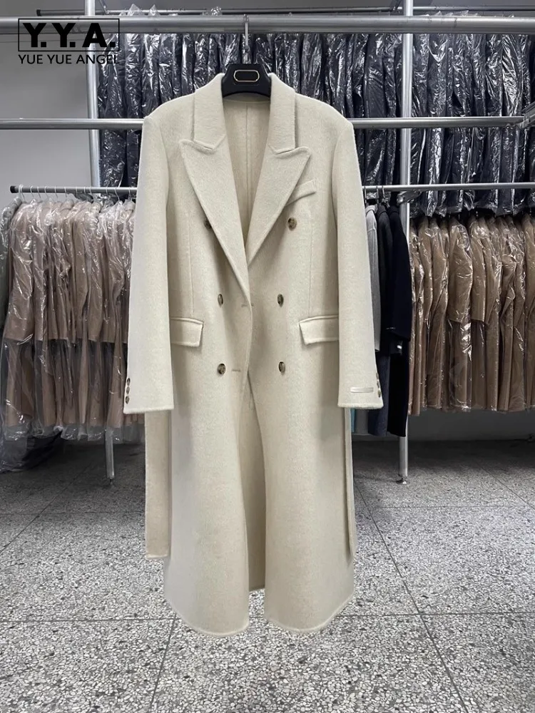 

100% Wool Coat Office Ladies Solid Color Elegant Double Breasted Straight Overcoat Autumn Winter High Street Women Windbreakers