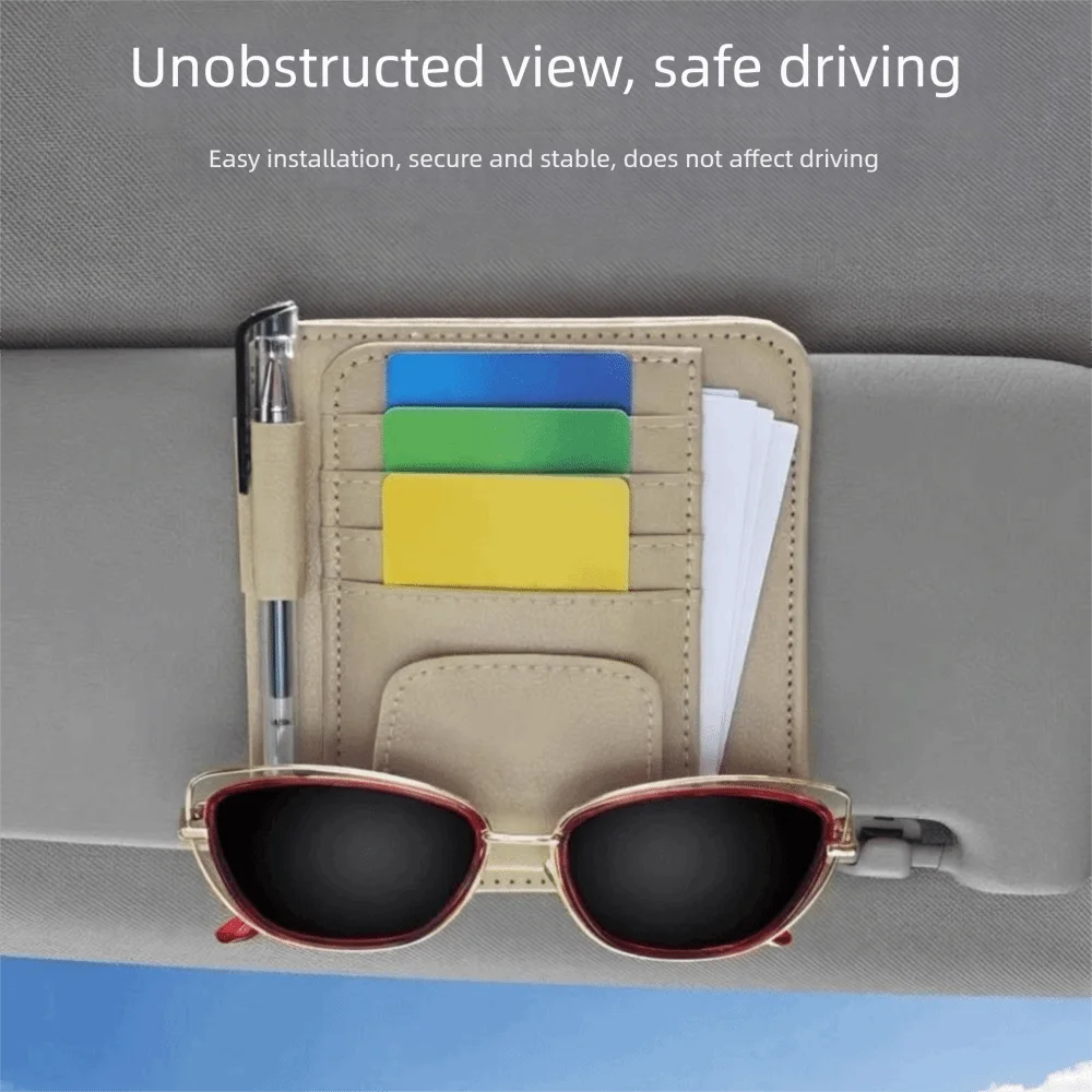 Multifunctional Car Sun Visor Organizer Save Space Leather Car Glasses Holder Easy To Install Multi-Pocket Car Ticket Holder Pen