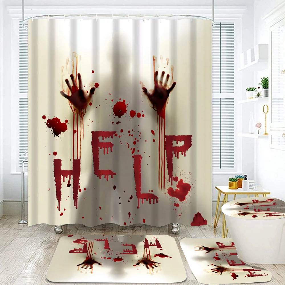 Horror Bloody Hands Shower Curtains Bathroom Curtain Set Bath Mats Rugs Happy Halloween Non-Slip Carpet Toilet Cover Home Decor