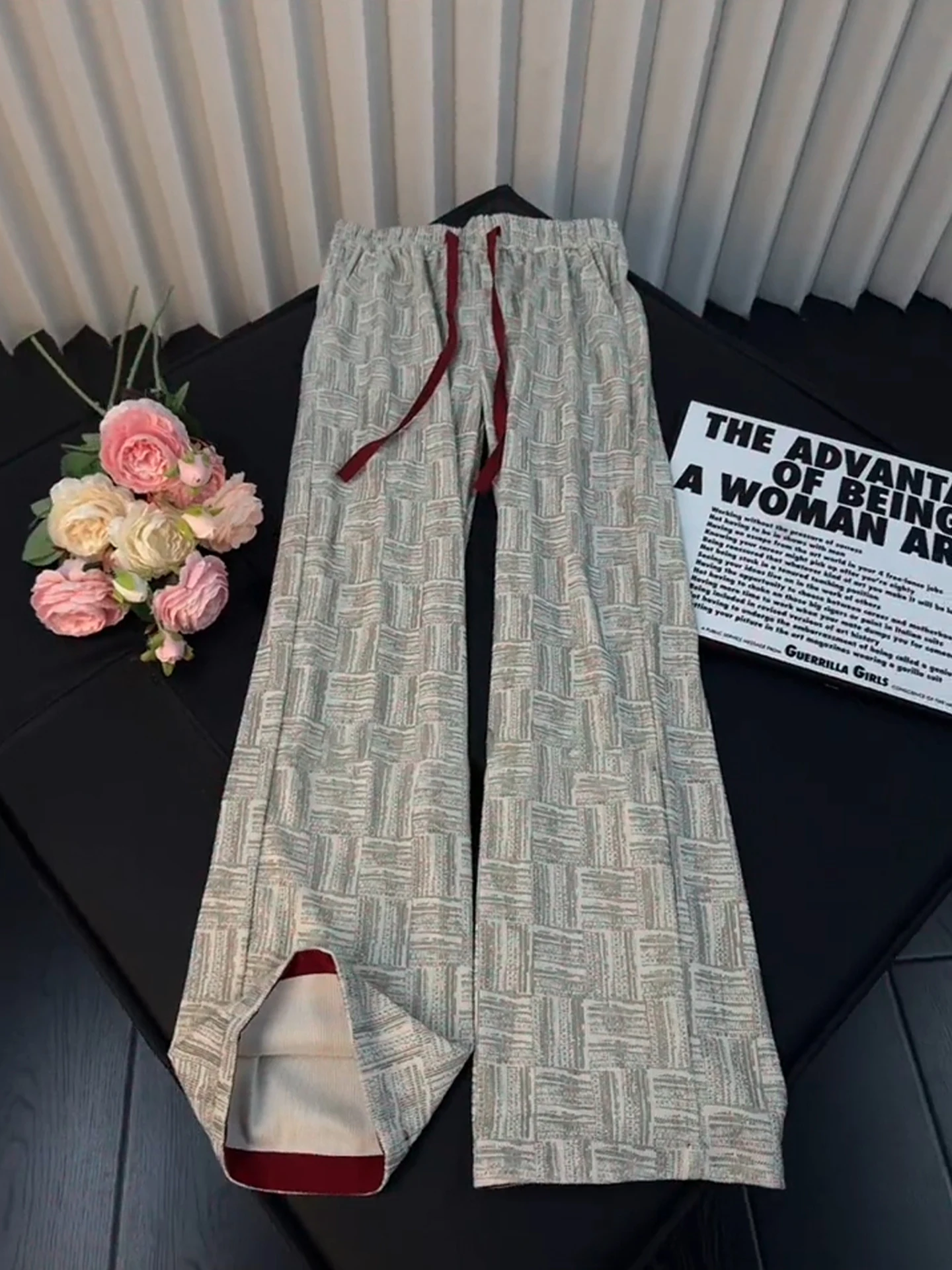 American Retro Contrast Color Men's Summer Thin Ice Silk Dyed Pants Loose Straight Leg Casual Trousers with Elastic Waist
