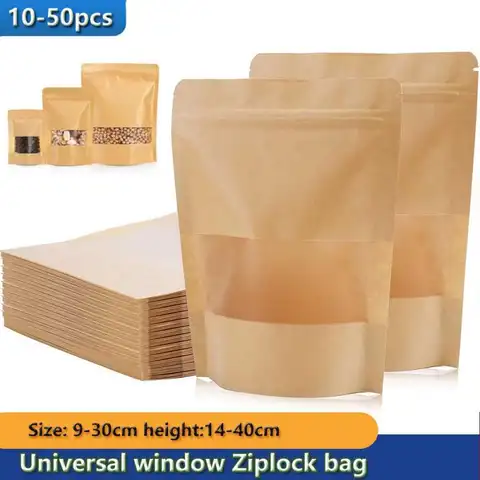 50pcs~10pcs Zip Locks Packing Bags Kraft Paper Stand up Pouch with Window Zipper Packaging Bags for Small Business