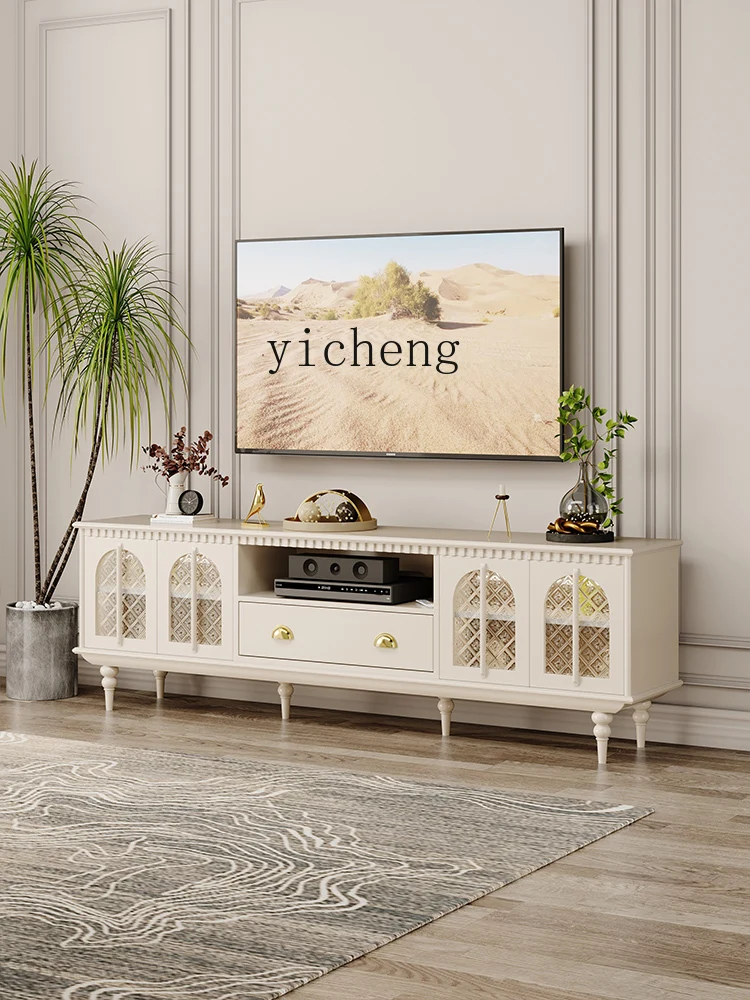 YY French Cream TV Cabinet Living Room Roman Glass Door LED Light Solid Wood Floor Cabinet