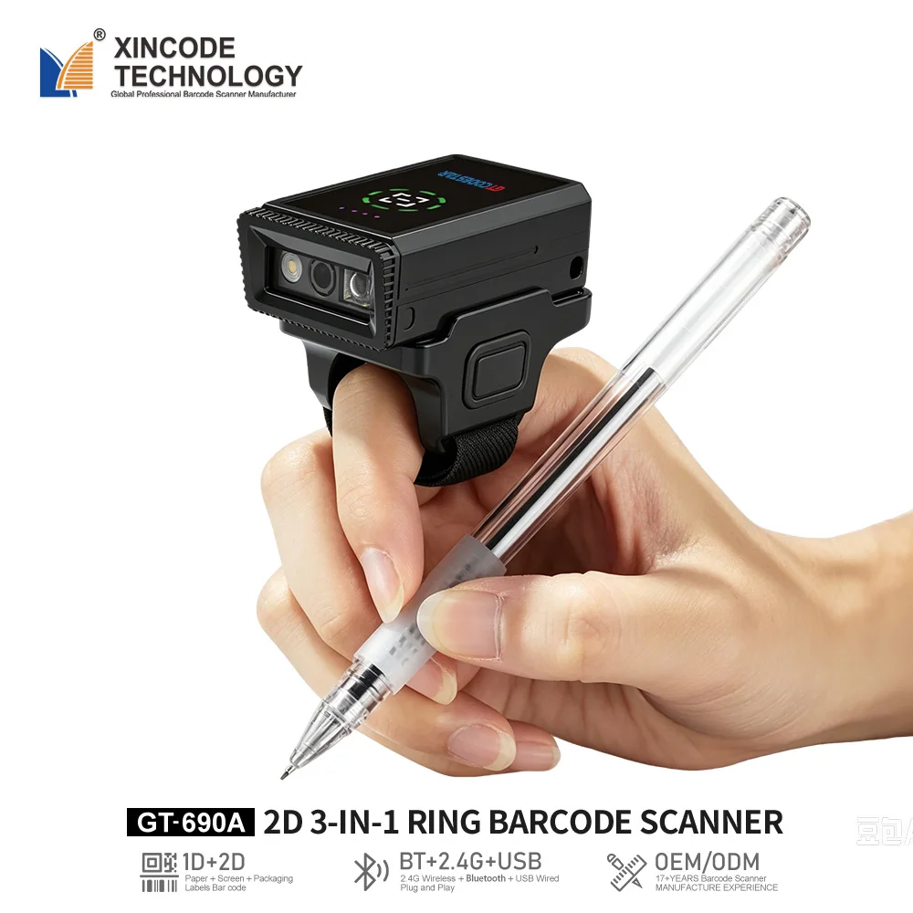 Xincode 1D 2D 2.4G Wireless Mini Ring Qr Barcode Scanner Inventory Portable Finger Bar Code Reader Pocket Scan X-690A