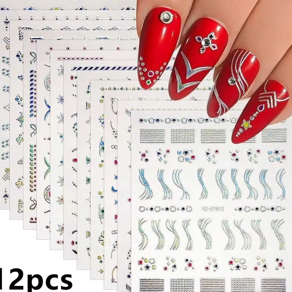 12Pcs 3D Metal Silver Stripe Star Nail Sticker French Bronzing Wave Manicure Decal 8*10cm DIY Rainbow Triangle Lines Nail Slider