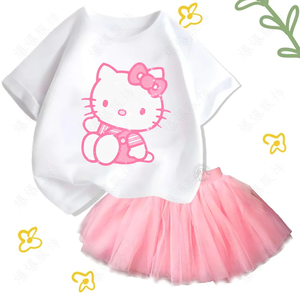 Nowa bawełniana koszulka dziecięca z nadrukiem Sanrio hello kitty Casual Comfort topy z tiulowym krótkim garniturem dla dziewczynek Kawaii Show