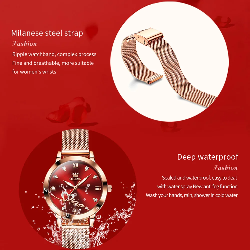 OLEVS Red Love Women\'s Watches Luxury Elegant Stainless Steel Mesh Belt Waterproof Quartz Wrist watch for Ladies Christmas Gift