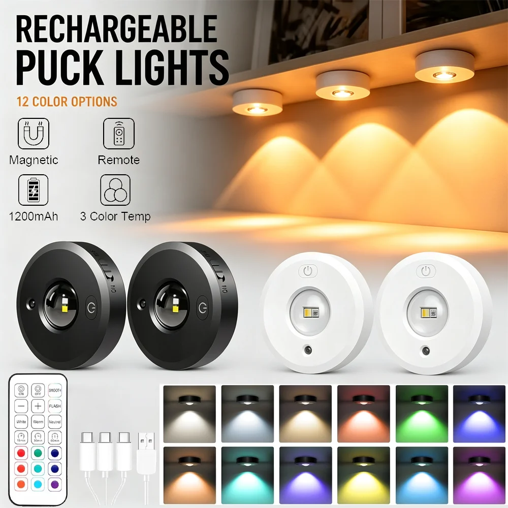 RGB 12 Color Led Night Light with Remote Control Rechargeable Lamp Wireless Under Cabinet Lights Spotlight for Display Closet