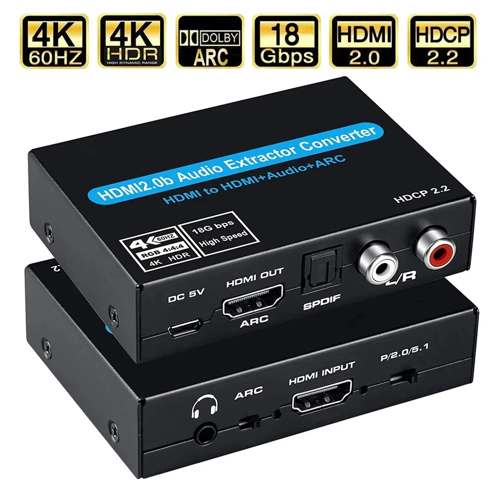 Ekstraktor audio 4K 60Hz HDMI2.0 Obsługa 5.1-kanałowego HDMI2.0b Przełącznik HD-MI do HDMIAudio ARC z audio toslink stereo Do Apple TV PS4