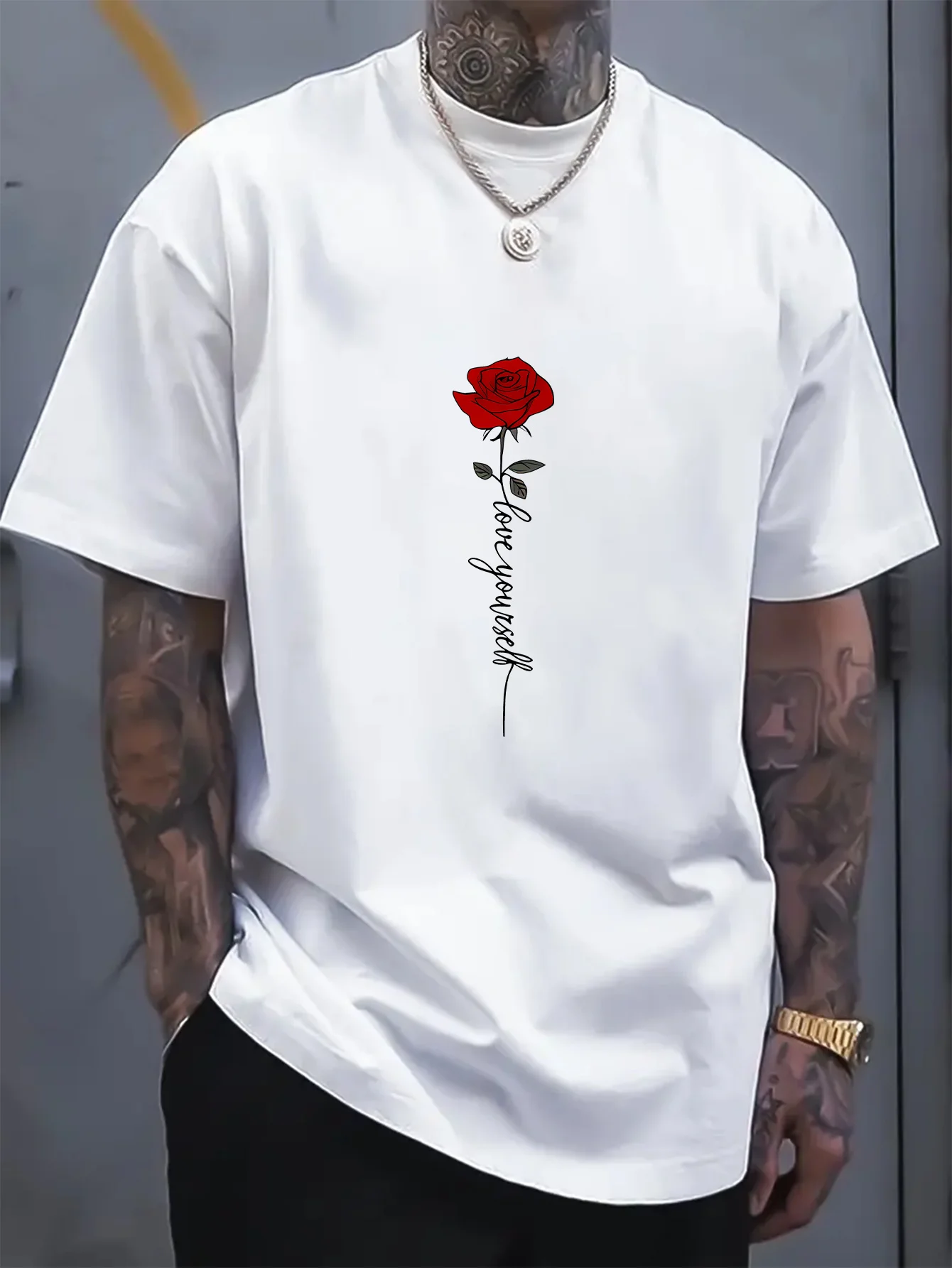 Men's summer 100% cotton red rose pattern printed stylish casual sport loose round-neck short-sleeved T-shirt