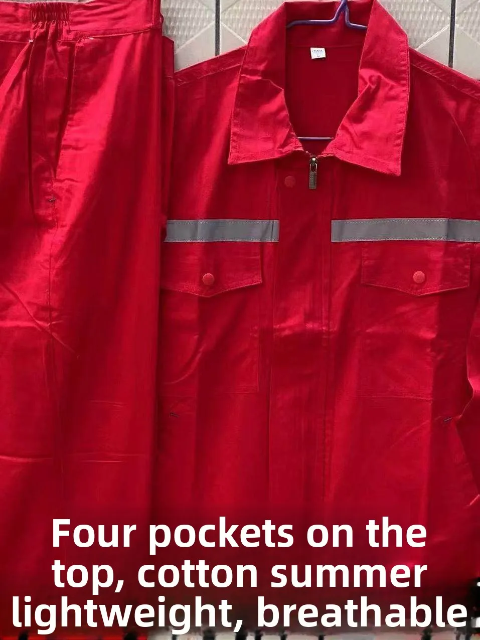 

Men's Summer Thin Pure Cotton Workwear Set Reflective Strip Breathable Sweat Absorbent Top And Single Pants for Auto Repair