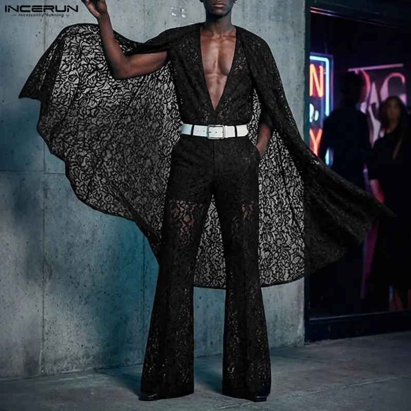 Фото Мужские комбинезоны INCERUN: кружевные, сетчатые, прозрачные, с глубоким V-образным вырезом, длинными рукавами, в стиле пончо, для уличной моды, сексуальные комбинезоны-брюки